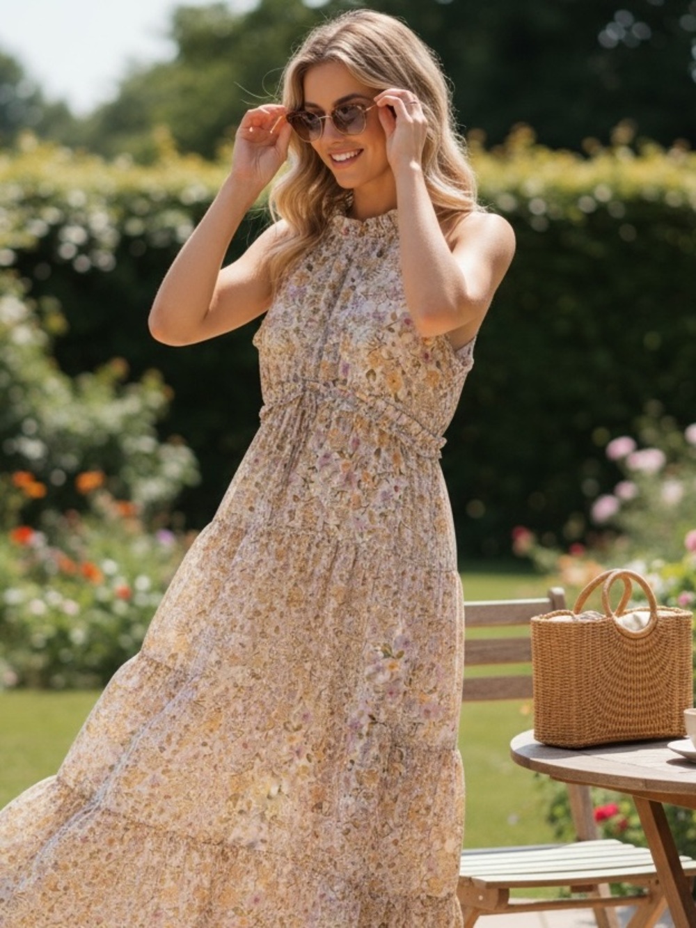 Wedding Guest Floral Halter Midi Dress in Cream, Yellow and Purple. Size M